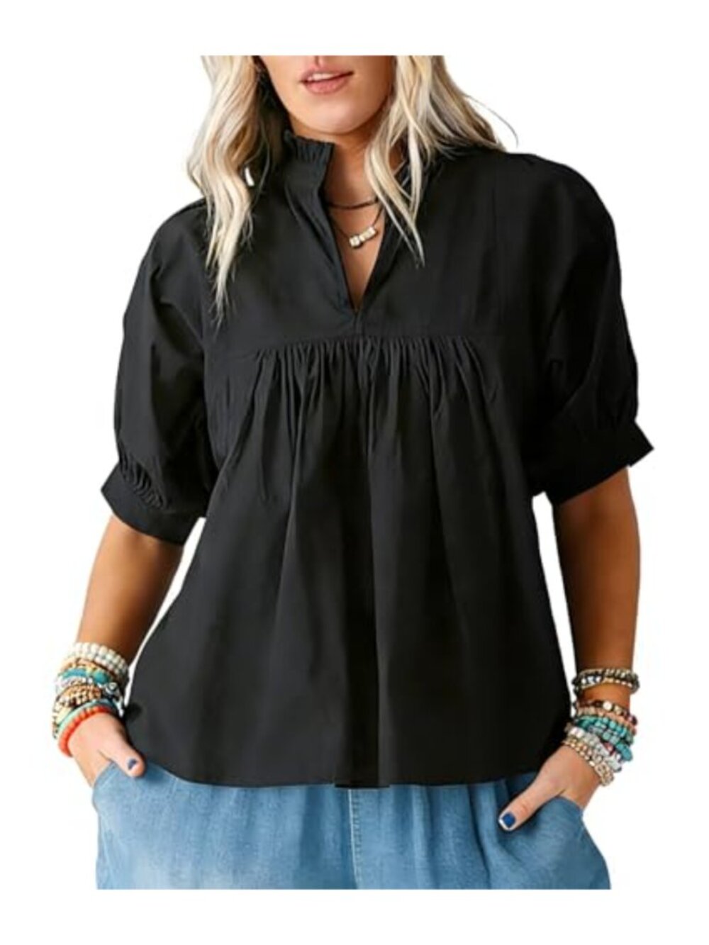 Womens Puff Short Sleeve V Neck Peplum Blouse Babydoll Flowy Top